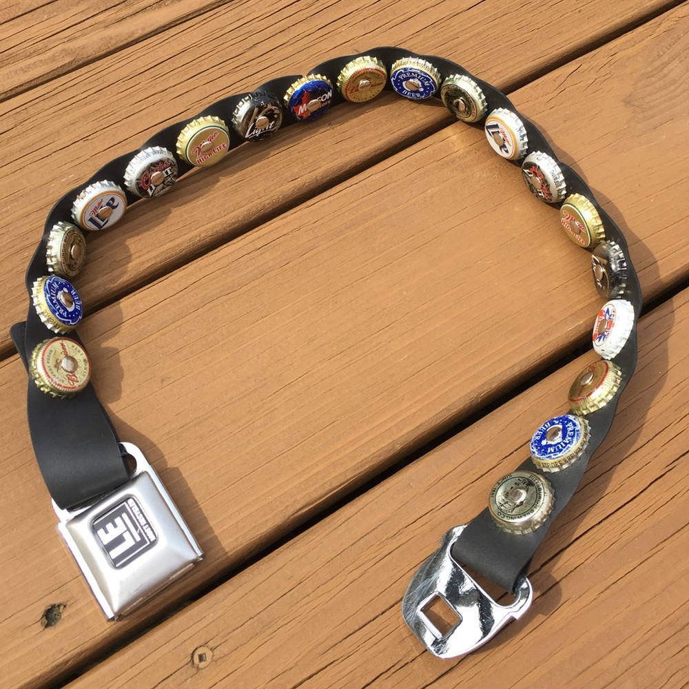 Vintage belt- seat buckle and beer tabs!